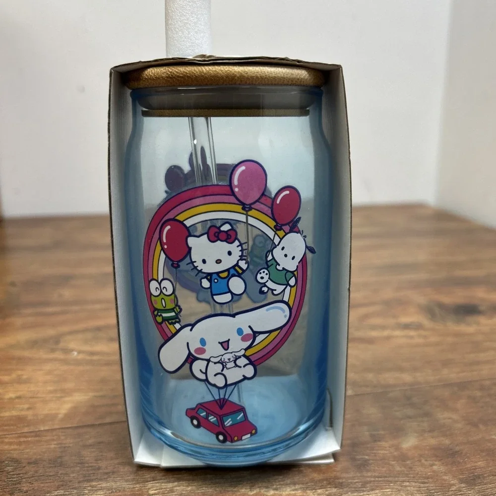 Sanrio Hello Kitty & Friends Glass Tumbler Lid‎ Straw Blue Glass Bamboo Lid 2024